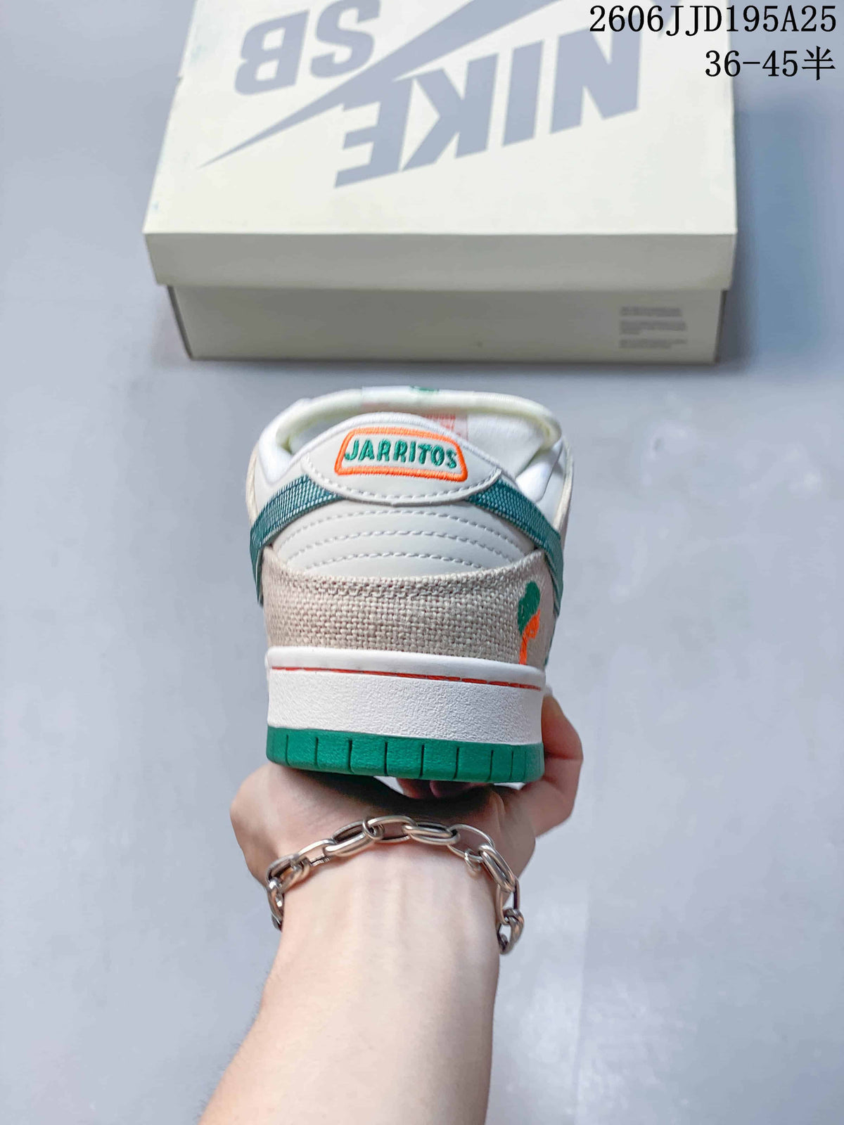 Rear view highlighting the woven-texture heel panels, green outsole, orange accent detail, and Jarritos branding.