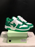 Green and white Off-White Out Of Office low-top sneakers displayed on a shoebox, with a visible size 41 label.