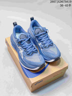 Pair of blue ASICS SUPERBLAST 2 running sneakers displayed on an ASICS shoe box; image text shows style code 2607JGD679A19 and a size range marked 36–45.5.