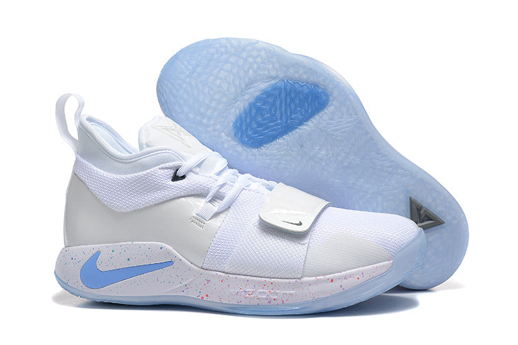 White Nike PG 2 shoe with a light-blue outsole and raised outsole display