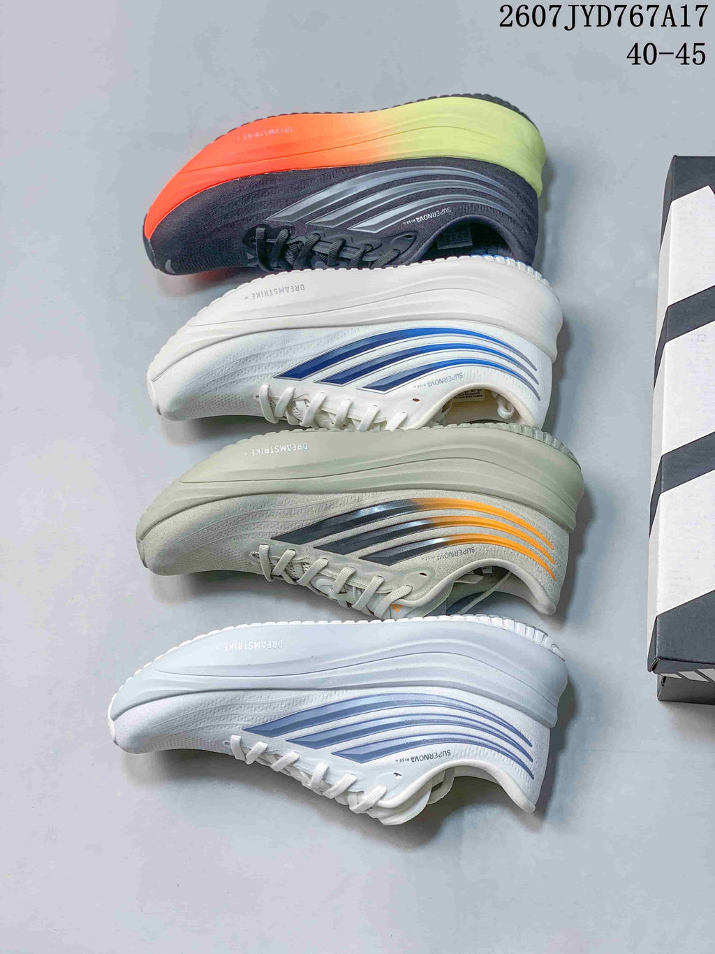 Four Adidas sneaker colorways arranged side by side, including white-blue, light gray-orange, and dark gray-orange-lime combinations.