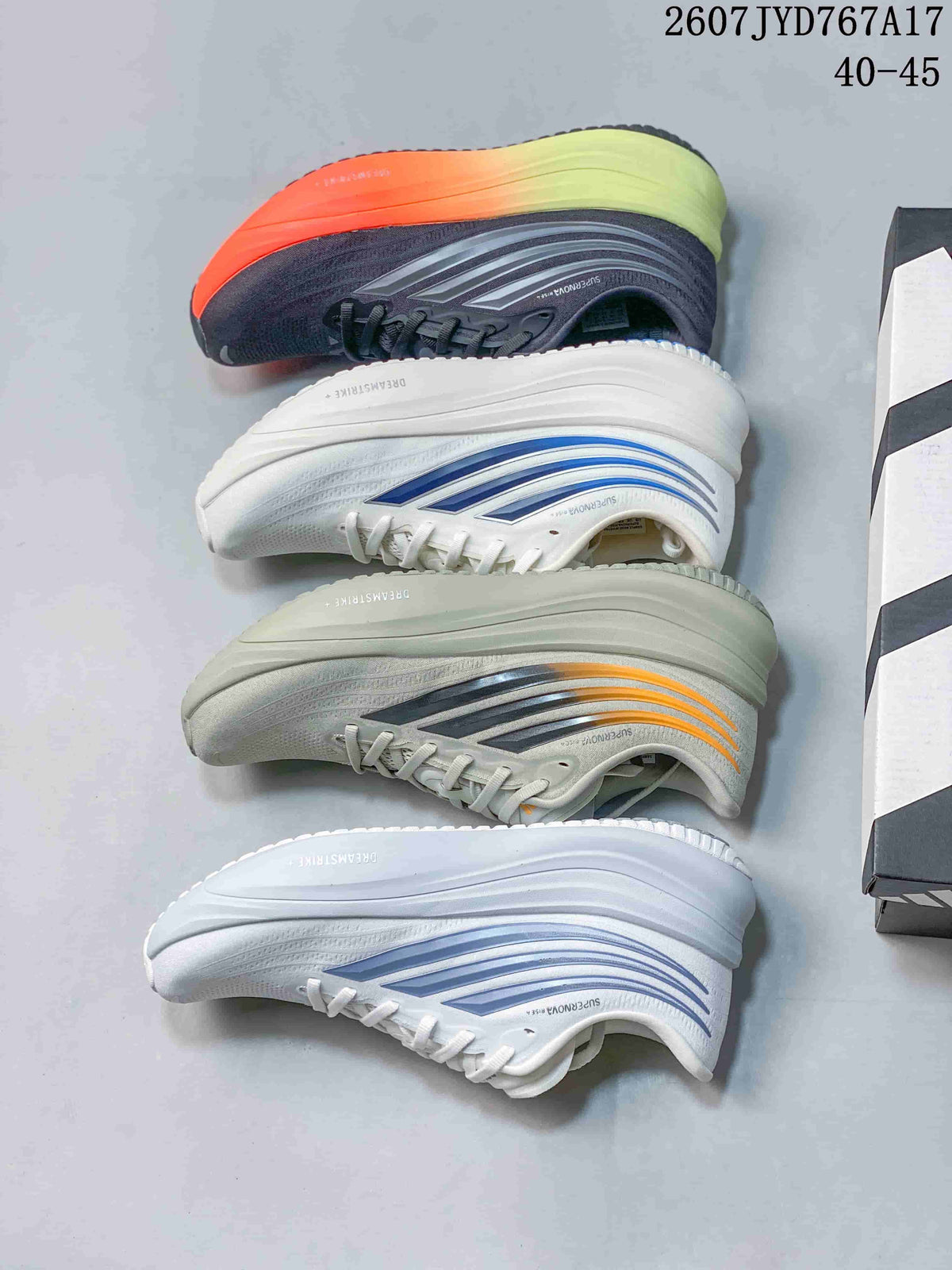 Four Adidas sneaker colorways arranged side by side, including white-blue, light gray-orange, and dark gray-orange-lime combinations.