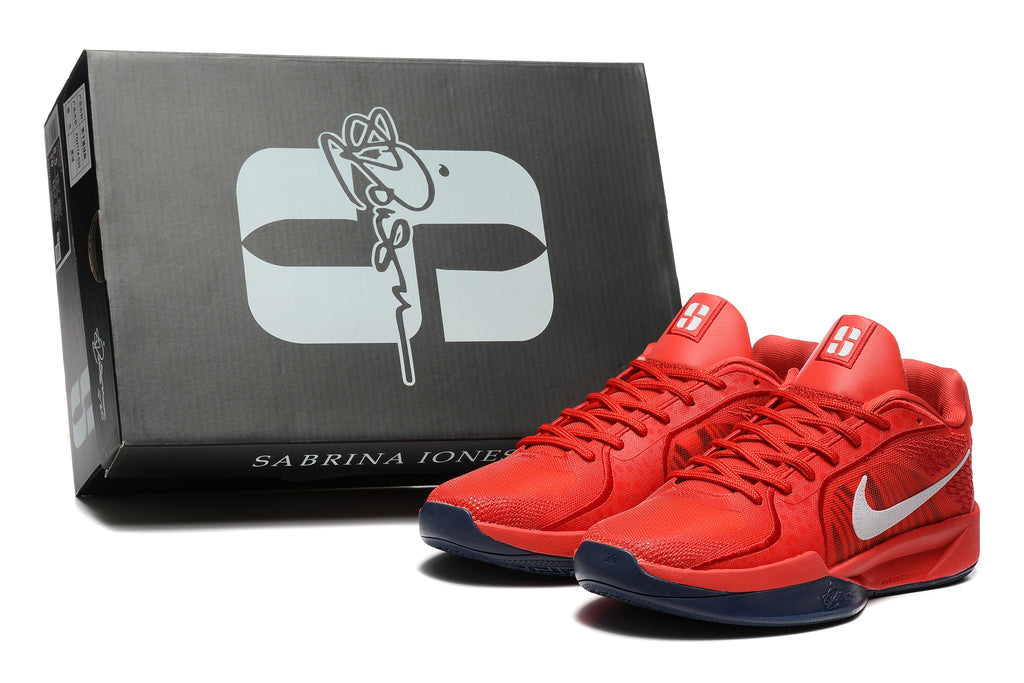 Red Nike Sabrina basketball shoes beside a Sabrina Ionescu shoe box.