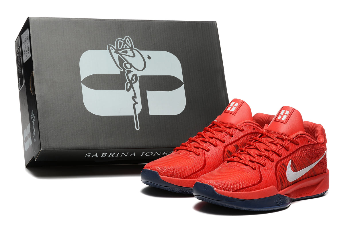 Red Nike Sabrina basketball shoes beside a Sabrina Ionescu shoe box.