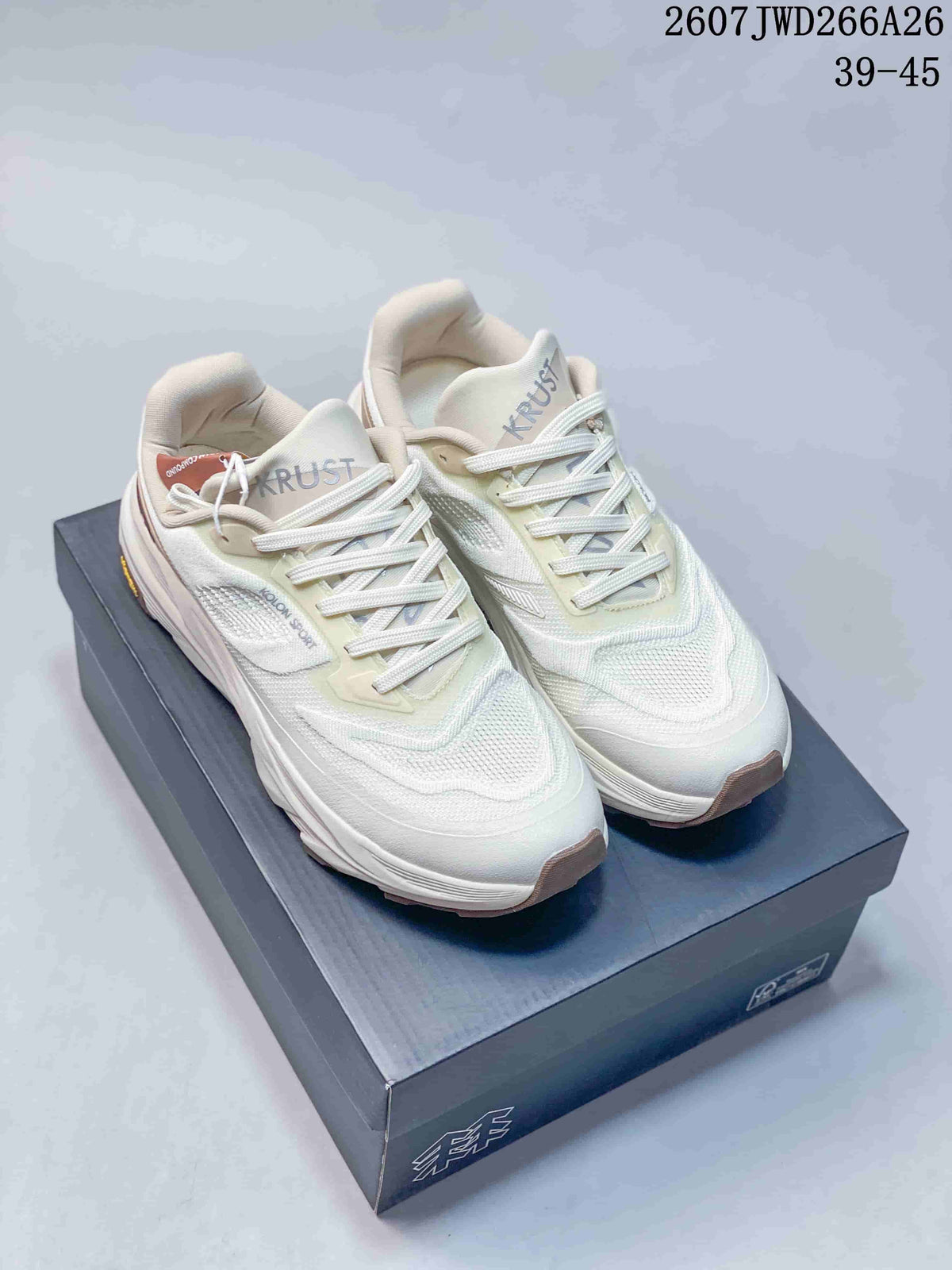 Pair of cream and white KOLON SPORT KRUST trail running shoes displayed on a shoebox; style code 2607JWD266A26 and size range 39-45 are overlaid.