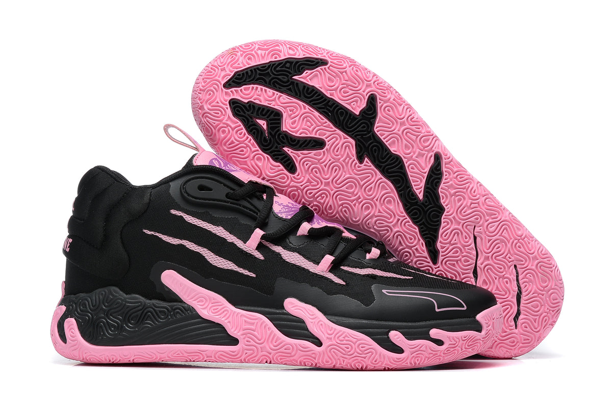 Black and pink high-top basketball shoe with a pink patterned outsole.