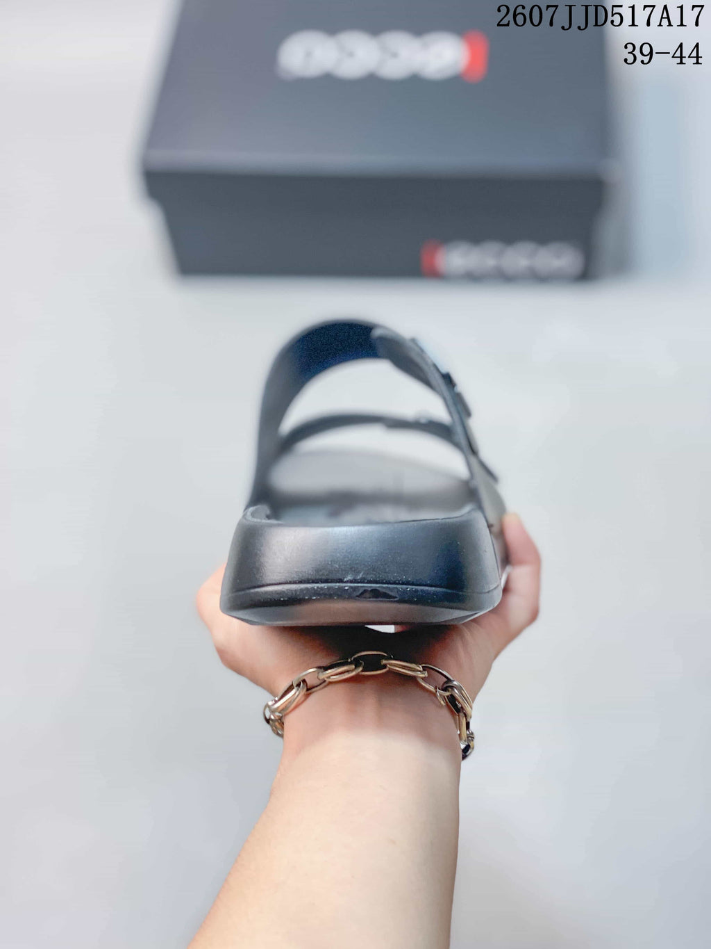 Front view of the open-toe ECCO sandal showing the layered sole and two adjustable strap sections.