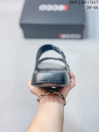Front view of the open-toe ECCO sandal showing the layered sole and two adjustable strap sections.