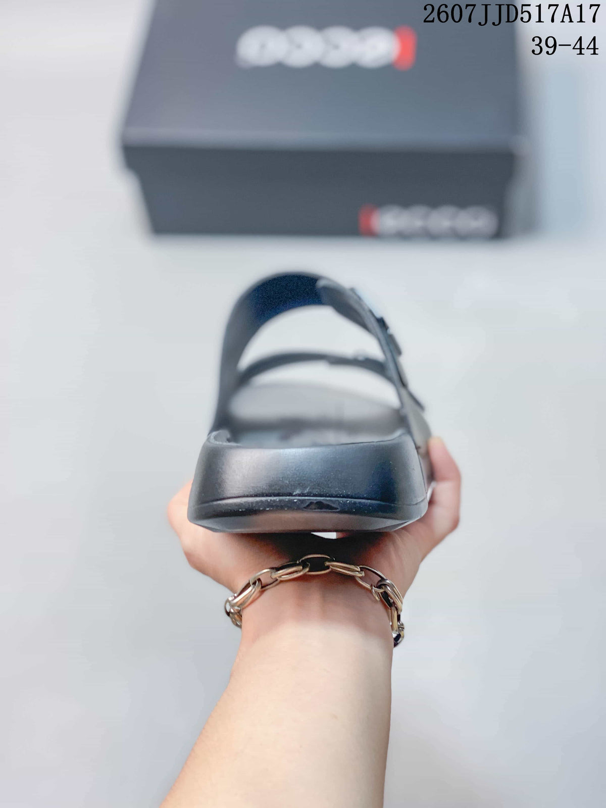 Front view of the open-toe ECCO sandal showing the layered sole and two adjustable strap sections.