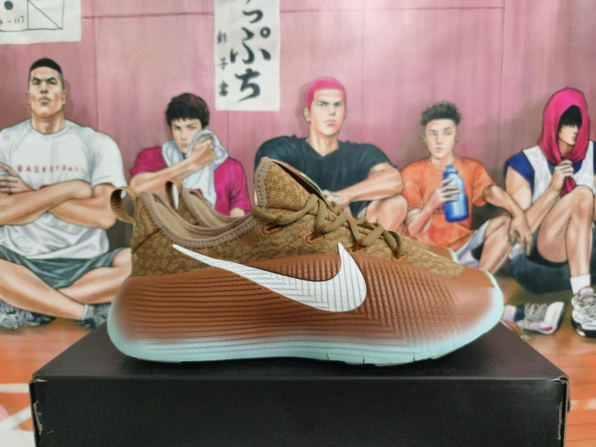 Side view of a brown Nike low-top sneaker with a white Swoosh and sculpted two-tone sole.