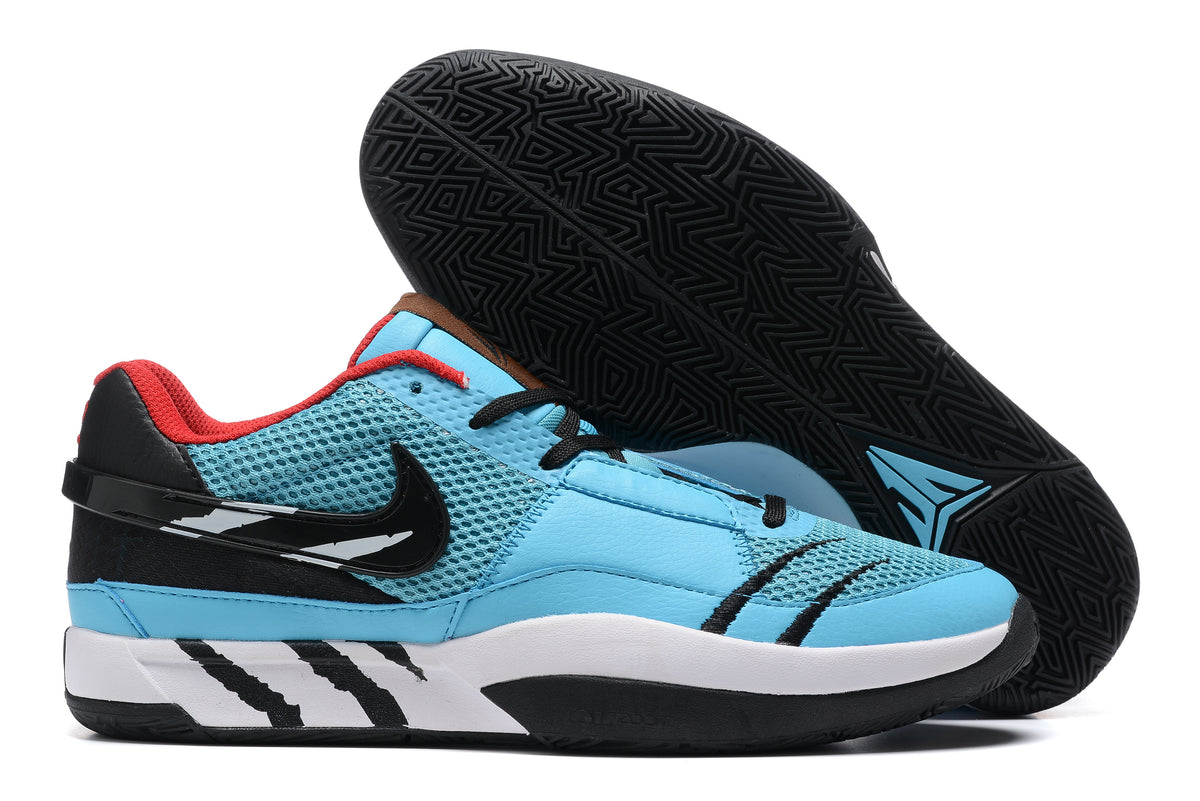 Light blue Nike Ja 1 basketball shoes with black, red, and white details.