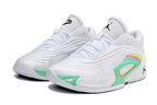 White and mint green Jordan Luka 3 shoes shown from the front and side