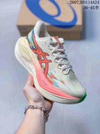 Angled side view of the cream ASICS sneaker showing multicolor overlays, coral midsole detail and green outsole tip; image text shows 2607JHD114A24 and 36–45 half sizes.