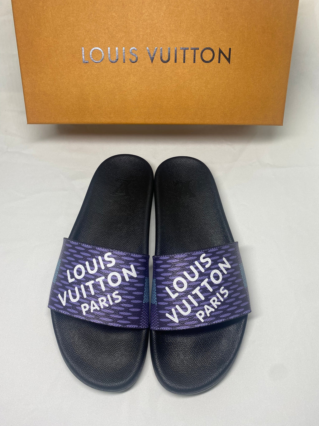 Louis Vuitton Monogram Slide Sandals with Black Footbed