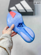Underside view of the blue sneaker showing the textured outsole, red heel detail and Lightstrike Zero insole branding.