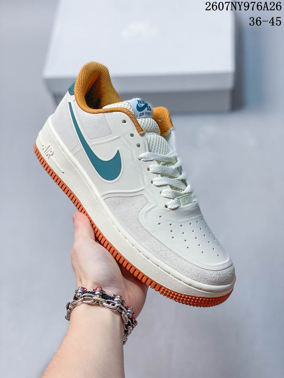 White Nike Air Force 1 '07 LV8 sneaker with teal Swoosh, mustard collar and gum-colored outsole.