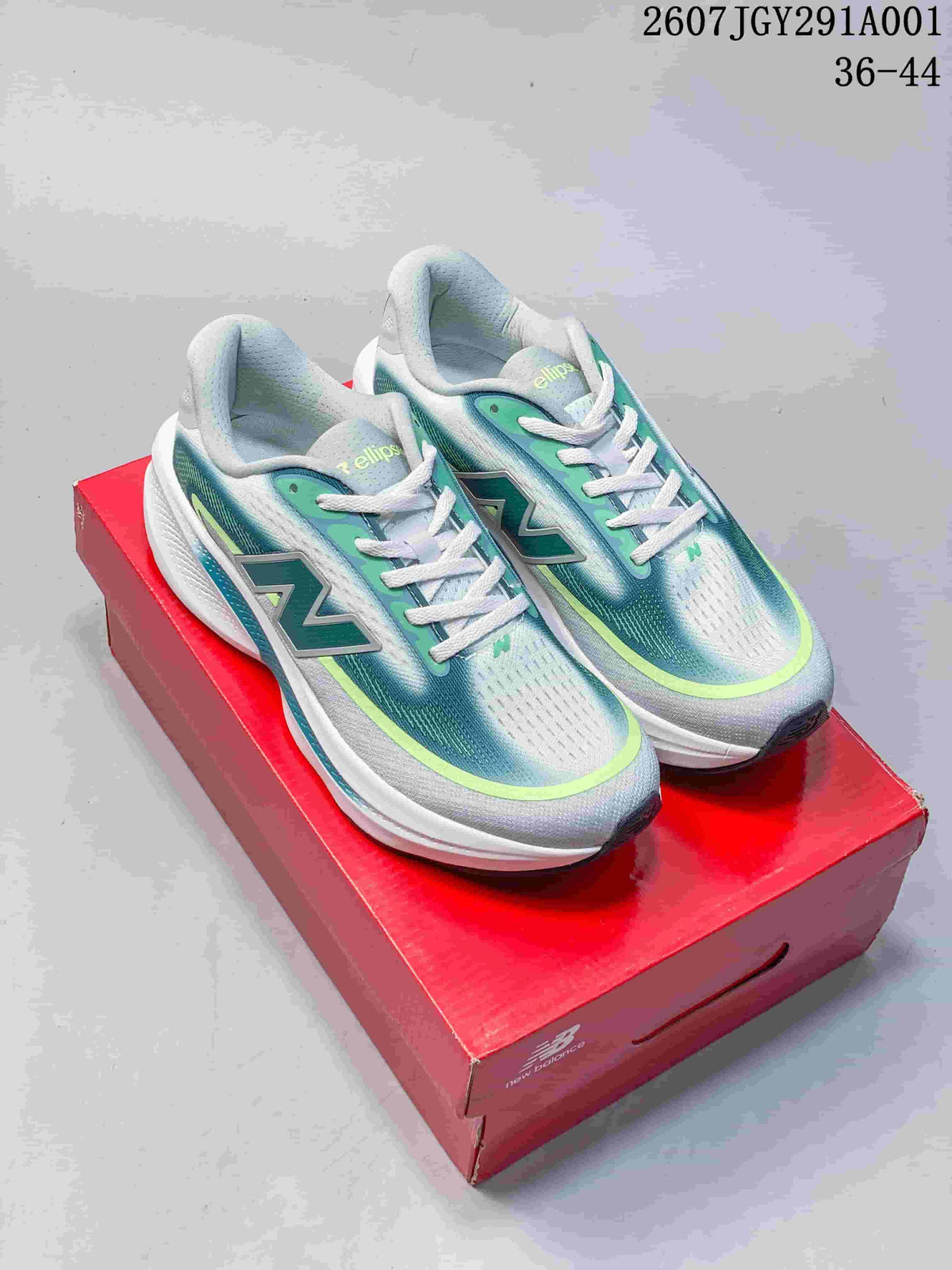 Pair of gray, teal, and lime New Balance running shoes on a red shoebox.
