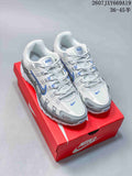 Pair of white, grey, and blue Nike sneakers displayed on a red shoebox; overlaid text shows a product code and the size range 36–45.5.