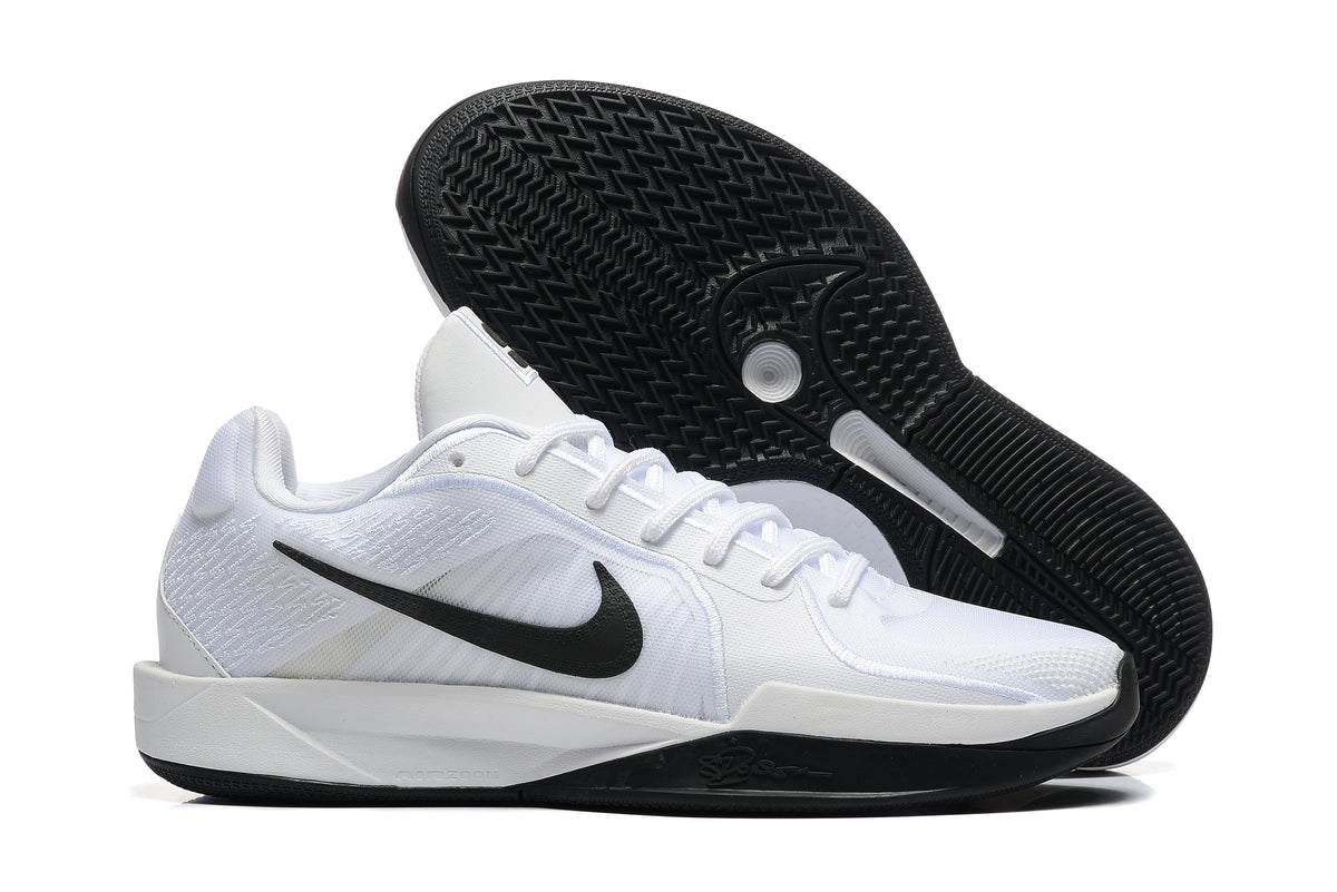 White basketball shoe shown with its black patterned outsole
