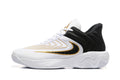 Side view of a white Nike Zoom Freak 5 basketball shoe with black and gold accents