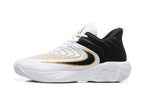 Side view of a white Nike Zoom Freak 5 basketball shoe with black and gold accents
