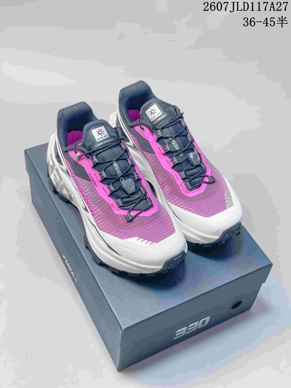 Pair of purple, black and white Kailas FUGA trail running shoes displayed on a branded box; overlay text shows style code 2607JLD117A27 and sizes 36–45.