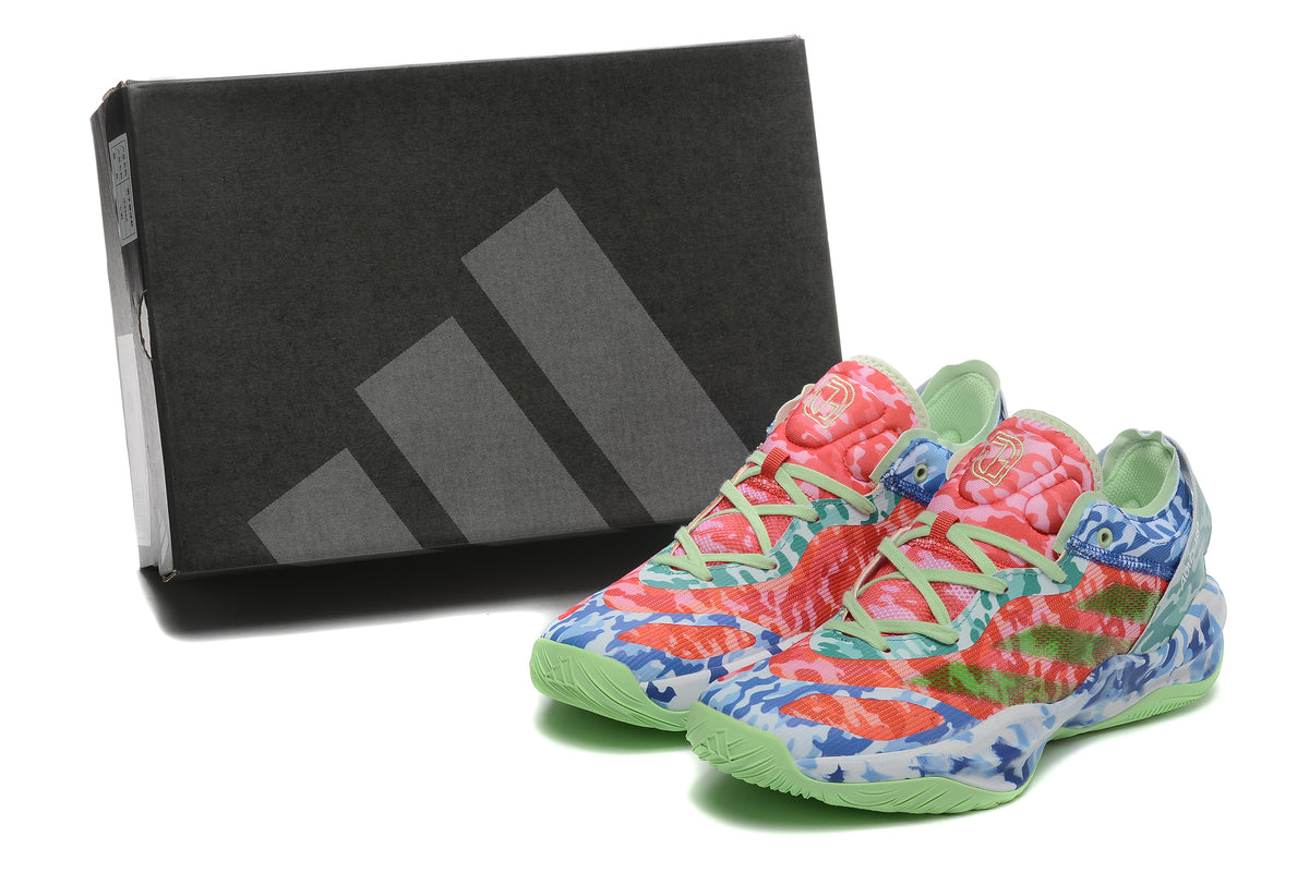 Pair of multicolor camouflage Adidas basketball sneakers beside a black Adidas shoe box