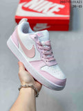 Pink and white Nike Court Borough BG sneaker held in front of a red shoebox; overlay shows style text and sizes 36-45.