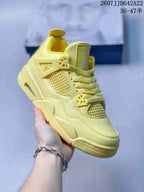 Angled side view of the yellow high-top sneaker showing the lace system, mesh side panel, padded collar and outsole.