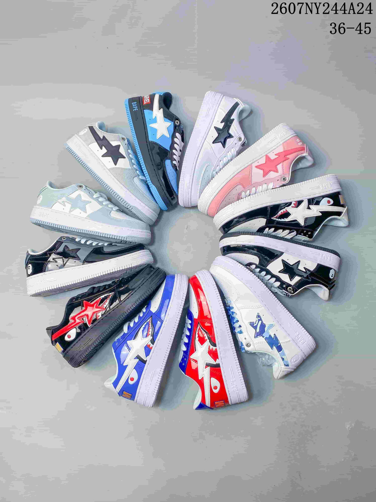 Group display of multiple Bape-style low-top sneaker colorways, including black, white, blue, pink and red designs; source overlay shows style code 2607NY244A24 and size range 36–45.