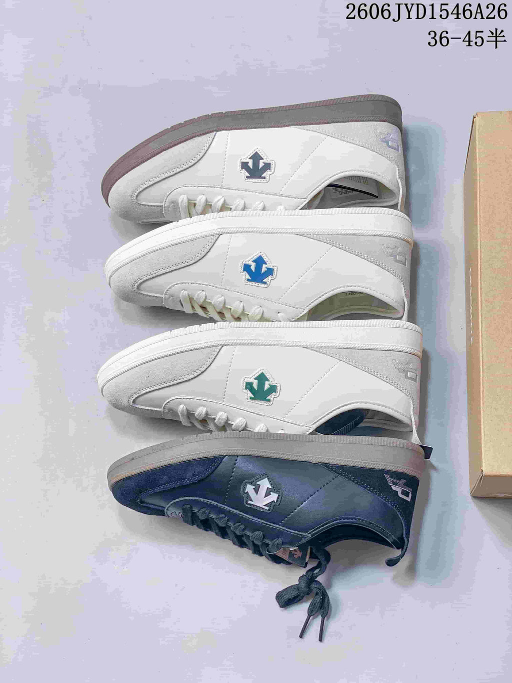 Several light and dark color variations of low-top sneakers shown from the side