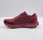 Opposite side view of the burgundy alo Runner sneaker with its sculpted midsole and textured side panels.