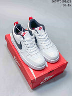Pair of white Nike Court Borough Mid BG sneakers with black Swooshes and red outsole accents on a red shoebox; image text shows 2607VD101A21 and 36–45.