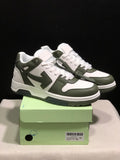 White and olive OFF-WHITE Out Of Office sneakers displayed on a green shoe box; the visible box label shows size 41.