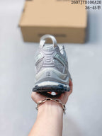 Rear view of the grey trail running shoe showing the heel counter, pull tab and outsole.