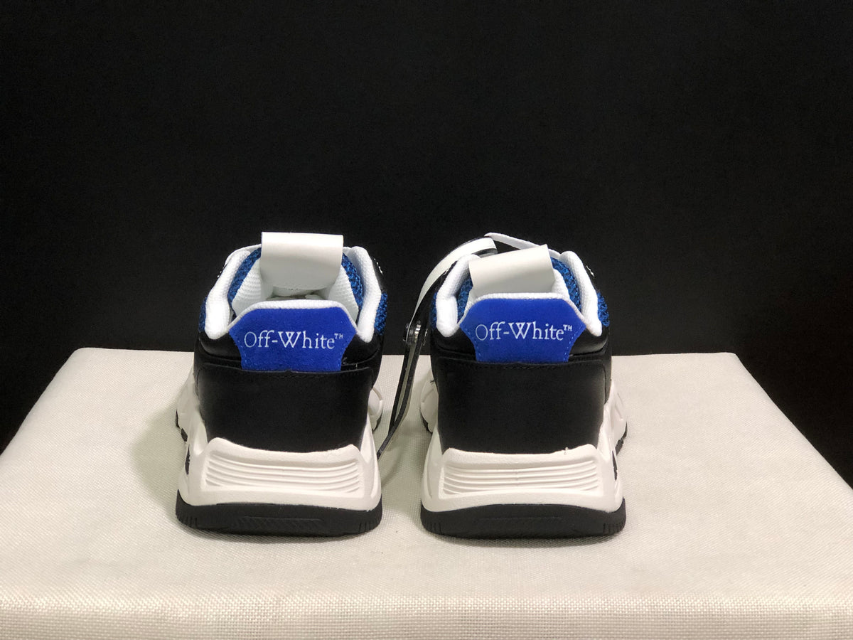 Rear view showing blue heel panels, black heel sections, white midsoles, and Off-White branding.