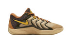 Opposite side view of a brown and black Nike KD 17 basketball shoe with yellow accents.