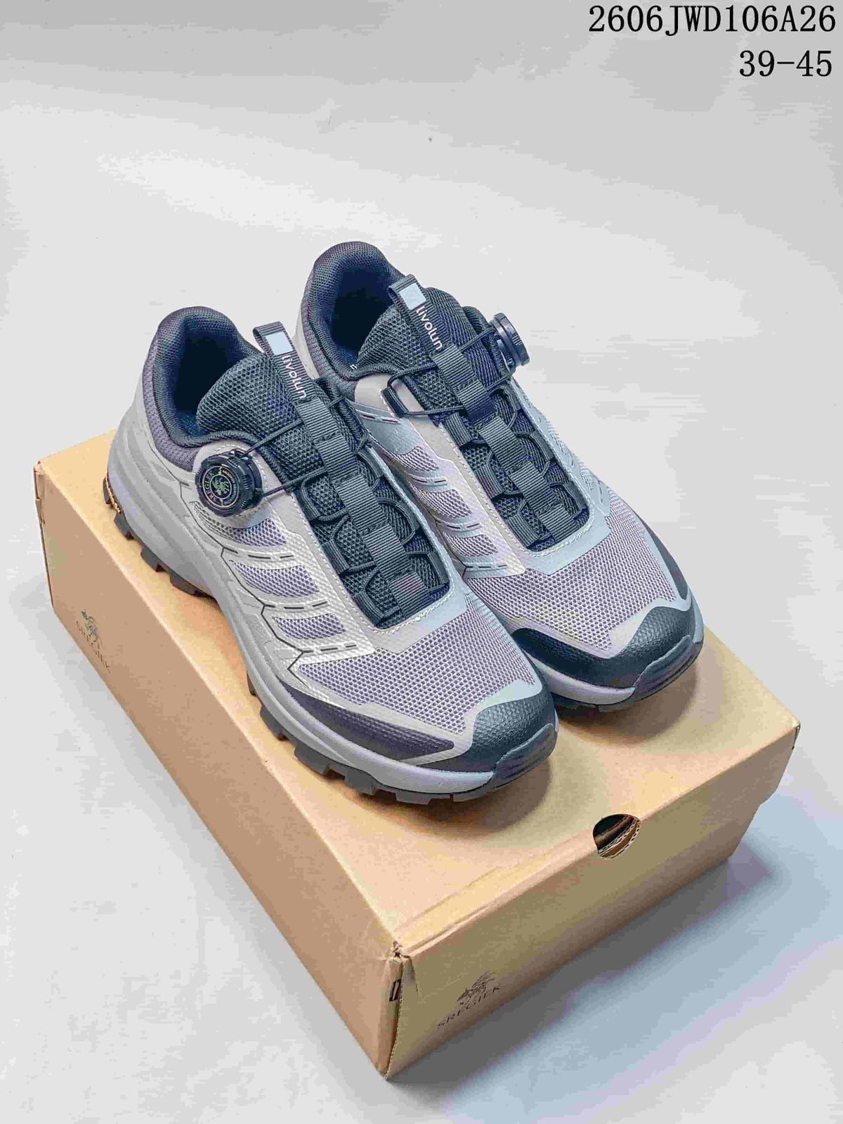 Pair of light gray and dark accent SREGIEK sneakers shown on a box.