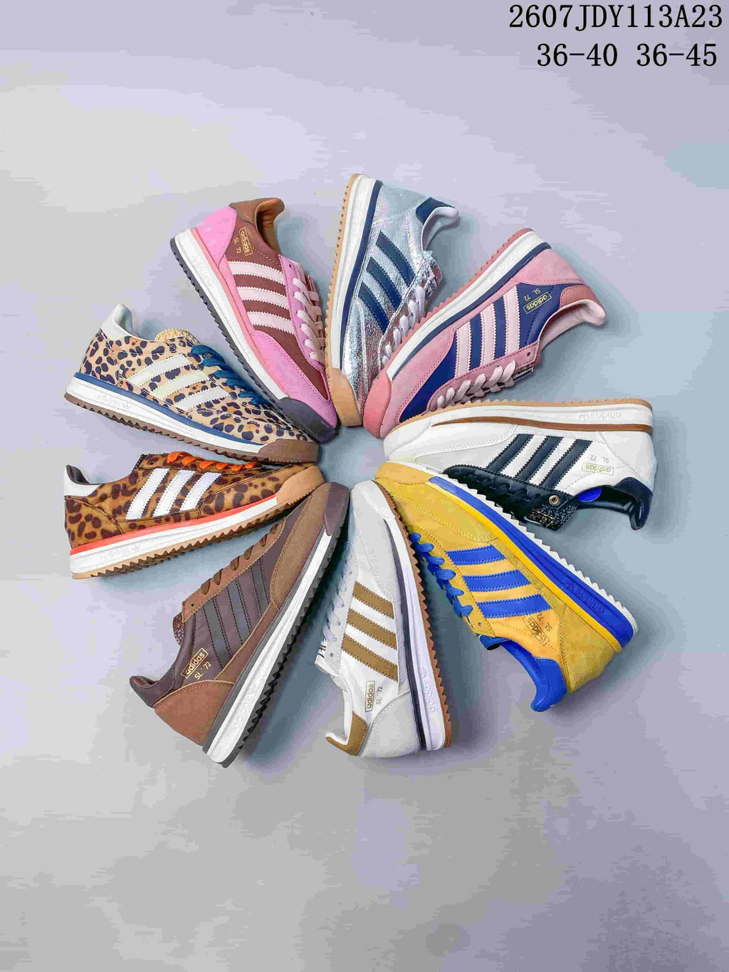 A selection of adidas SL 72 sneakers arranged in multiple colorways, with the style code and size ranges shown above.
