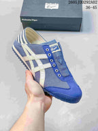 Blue Onitsuka Tiger slip-on sneaker with white side stripes