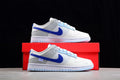 Side view of white and blue Nike SB low-top sneakers displayed on a red shoebox.