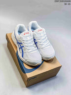 Pair of white and blue ASICS Gel-Contend 4 sneakers displayed on an ASICS shoe box; overlay text shows 36-45 and style code 2507JGD320A08.