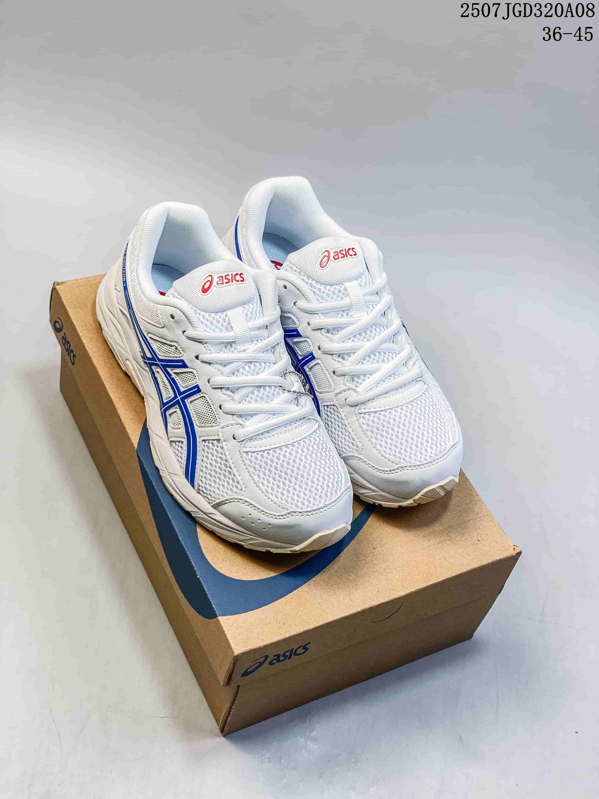 Pair of white and blue ASICS Gel-Contend 4 sneakers displayed on an ASICS shoe box; overlay text shows 36-45 and style code 2507JGD320A08.