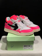 Pair of pink, white, and black Off-White sneakers displayed on a shoebox; the box label shows size EU 40 and identifies the color as Out Of Office Pink.