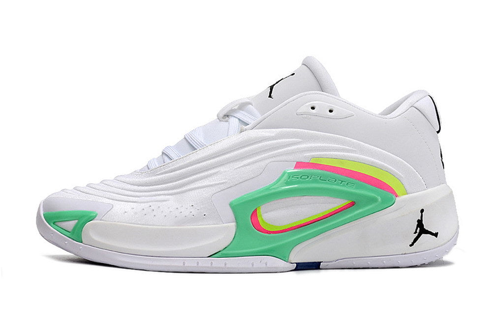 Side profile of a white Jordan Luka 3 shoe with green and pink detailing