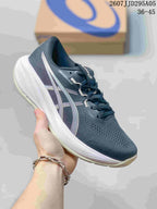 Dark navy ASICS running shoe with light-colored side stripes and a white midsole.