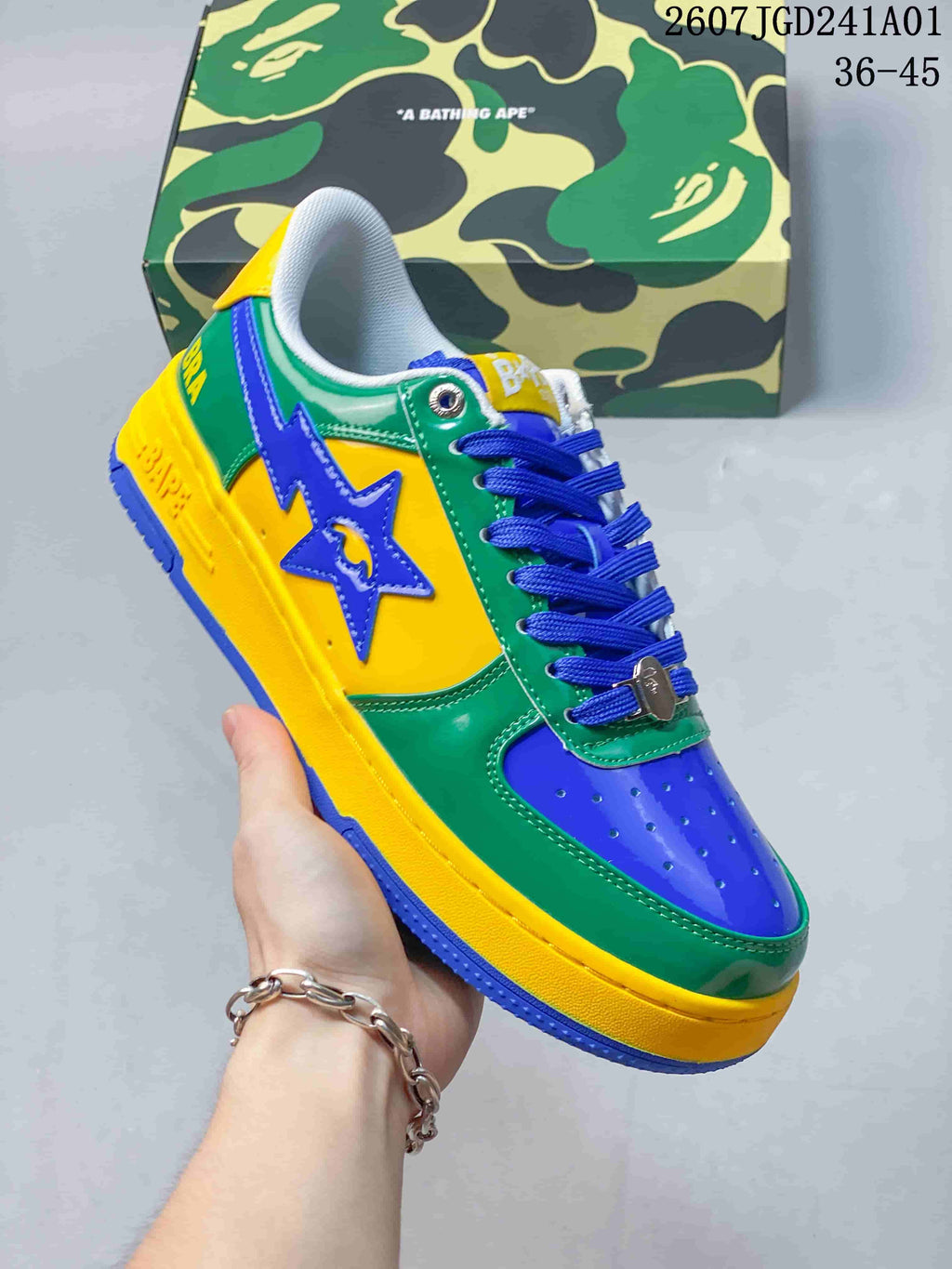 Angled side view of the multicolor low-top sneaker with a blue star detail