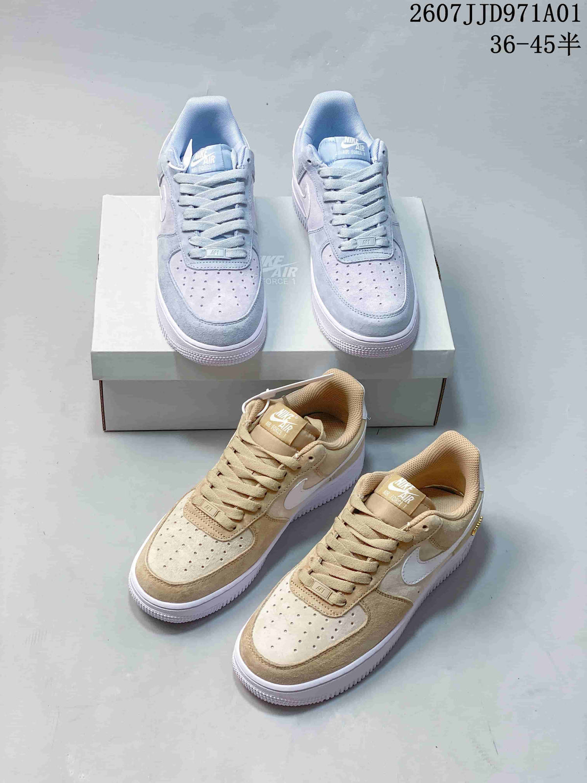Pastel blue and lavender and tan and cream Nike Air Force 1 ’07 sneakers shown together; printed size range 36–45.