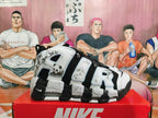 Side view showing oversized AIR lettering and bamboo-inspired graphics on black-and-white sneakers.
