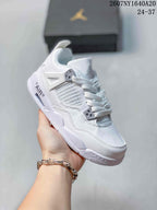 Side three-quarter view showing the white upper, lace system, side cage, AIR marking, and low-top silhouette.